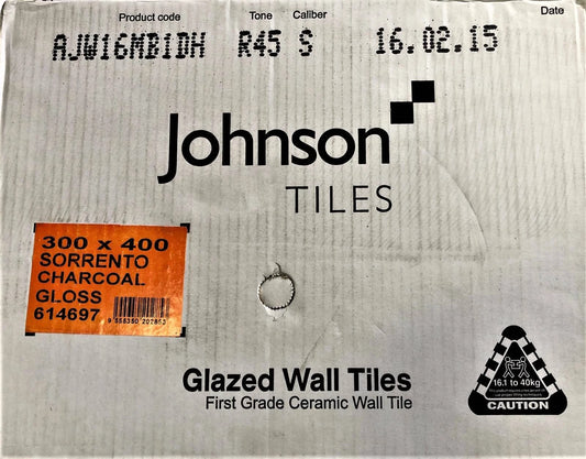 WALL TILES JOHNSON CERAMIC GLOSS 30 x 40cm Sorrento Charcoal 12 Tiles per Box