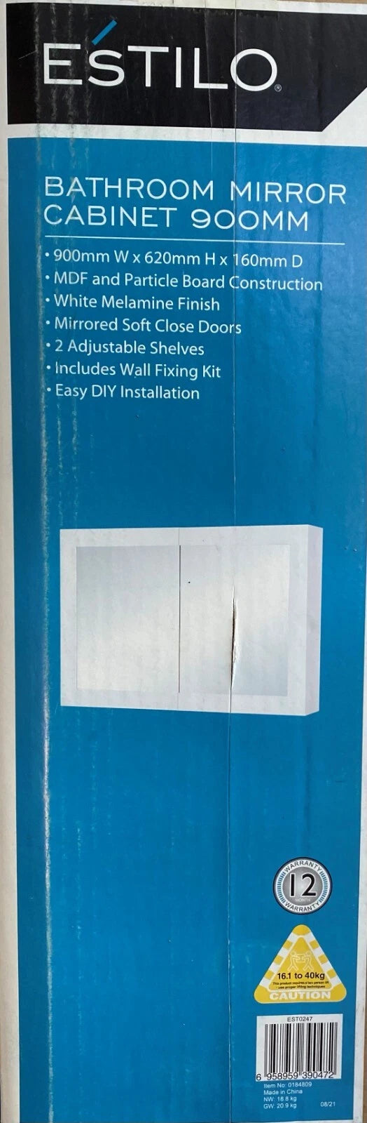 Estilo Bathroom Mirror Cabinet 900 x 620 x 160mm. Easy DIY. Soft close doors.